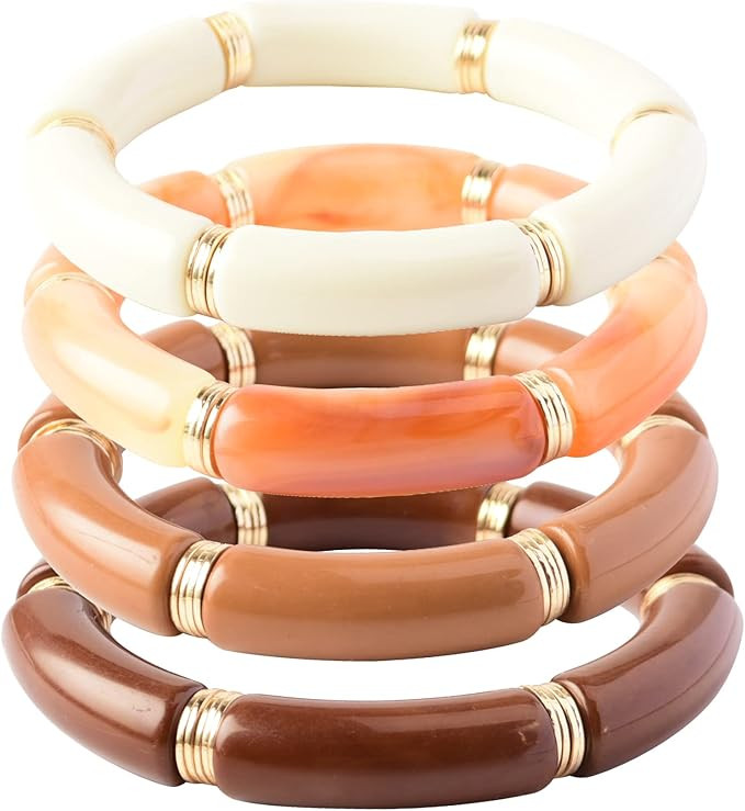 Bamboo Tube Bangles Bracelet Chunky Curved Stacking Clear Acrylic Colorful Beads Stretchable Frie... | Amazon (US)