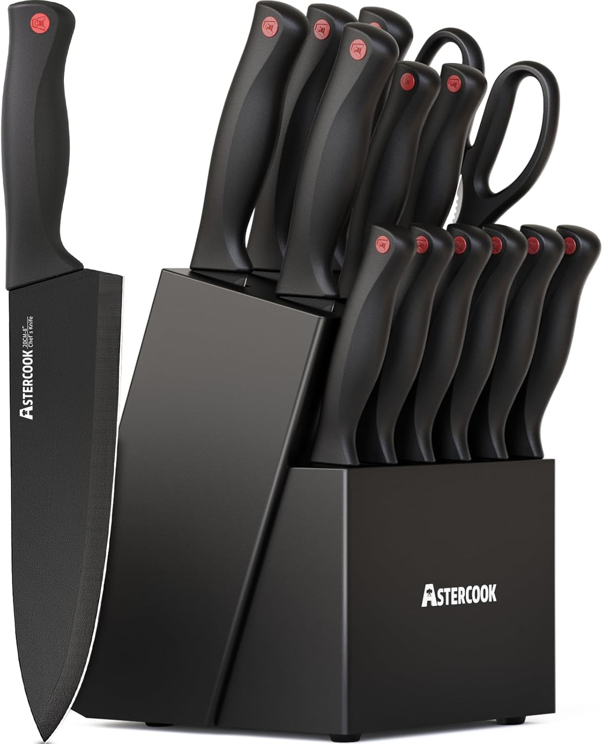 Astercook 15 Piece Knife Set with Sharpener Block - German Stainless Steel, Dishwasher Safe Kitchen Knives with Built-In Sharpener, Black | Amazon (US)