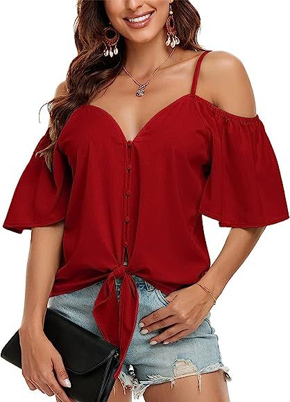 Leereya Women's Sexy Cold Shoulder Summer Tops Cute Front Tie Blouses Button Down Shirts | Amazon (US)