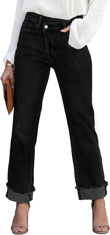Womens Cargo Denim Jeans High Waisted Stretchy Flap Pocket Straight Leg Pants | Amazon (US)