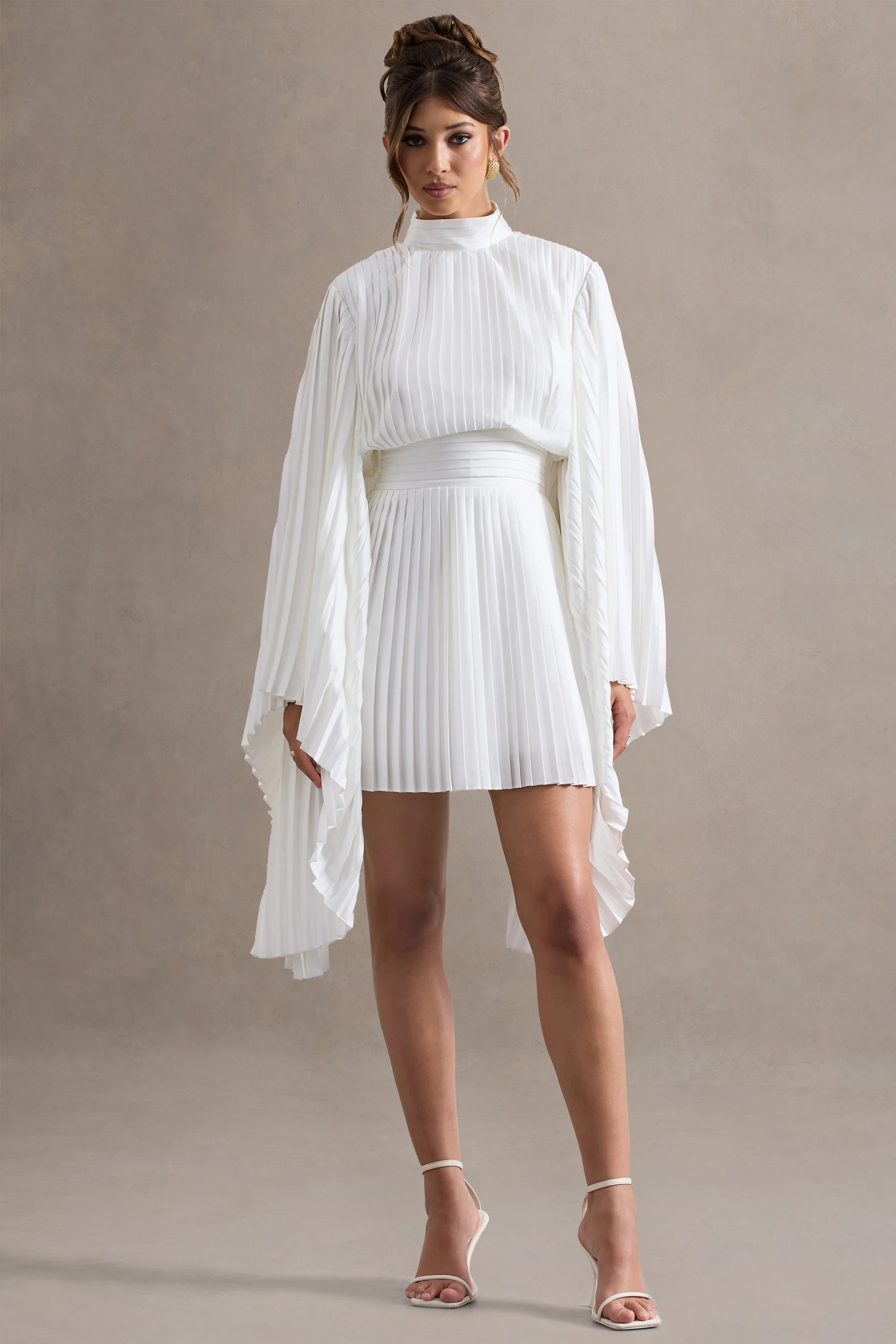 Charity  White Pleated High-Neck Mini Dress With Cape Sleeves | Club L London