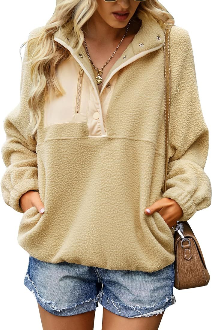 KAYWIDE Women's Casual Fuzzy Fleece Pullover Half Button High Neck Fluffy Sherpa Sweatshirt Pullover | Amazon (US)