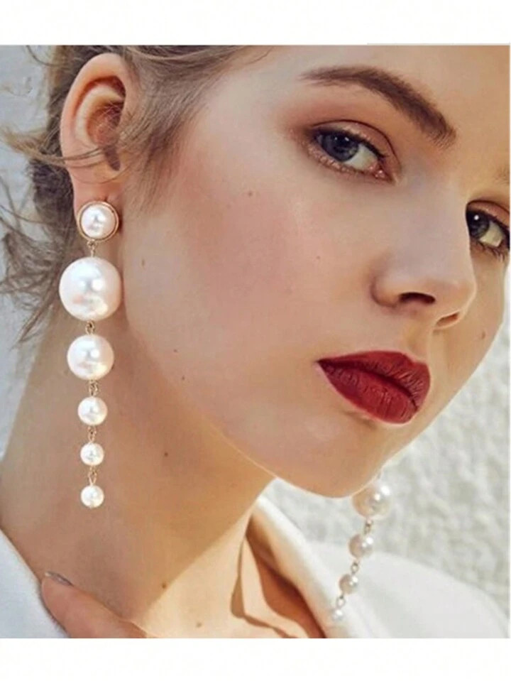 Korean Style Elegant Princess Long Pearl Stud Earrings Bridal Jewelry For Wedding Photoshoot Dres... | SHEIN