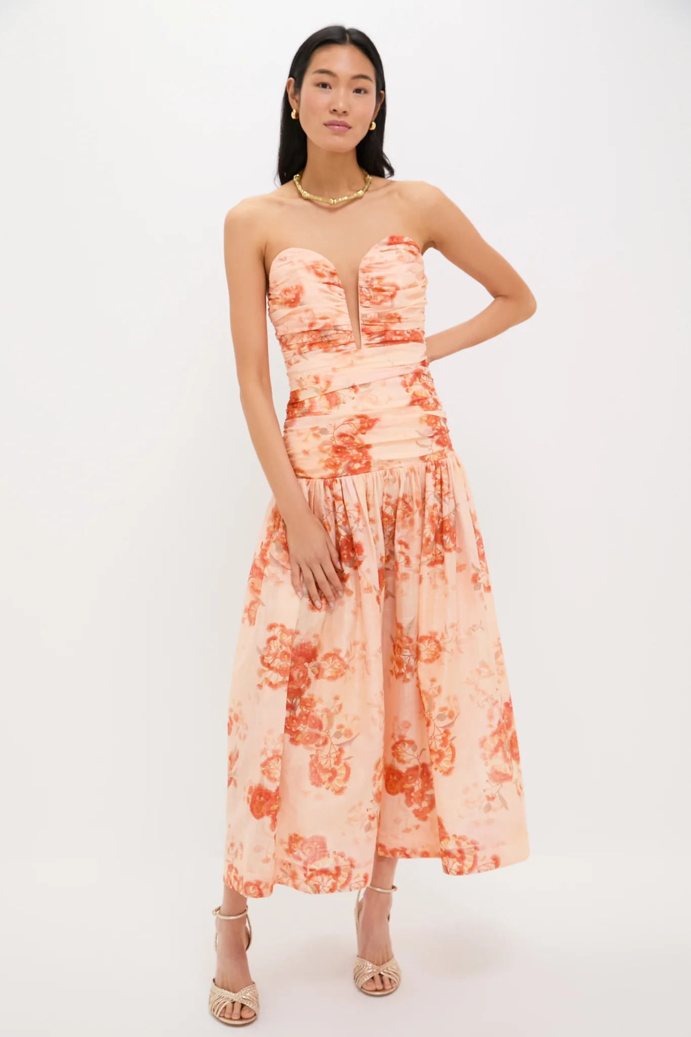 Red Botanical Floral Cascadian Strapless Midi Dress | Tuckernuck (US)