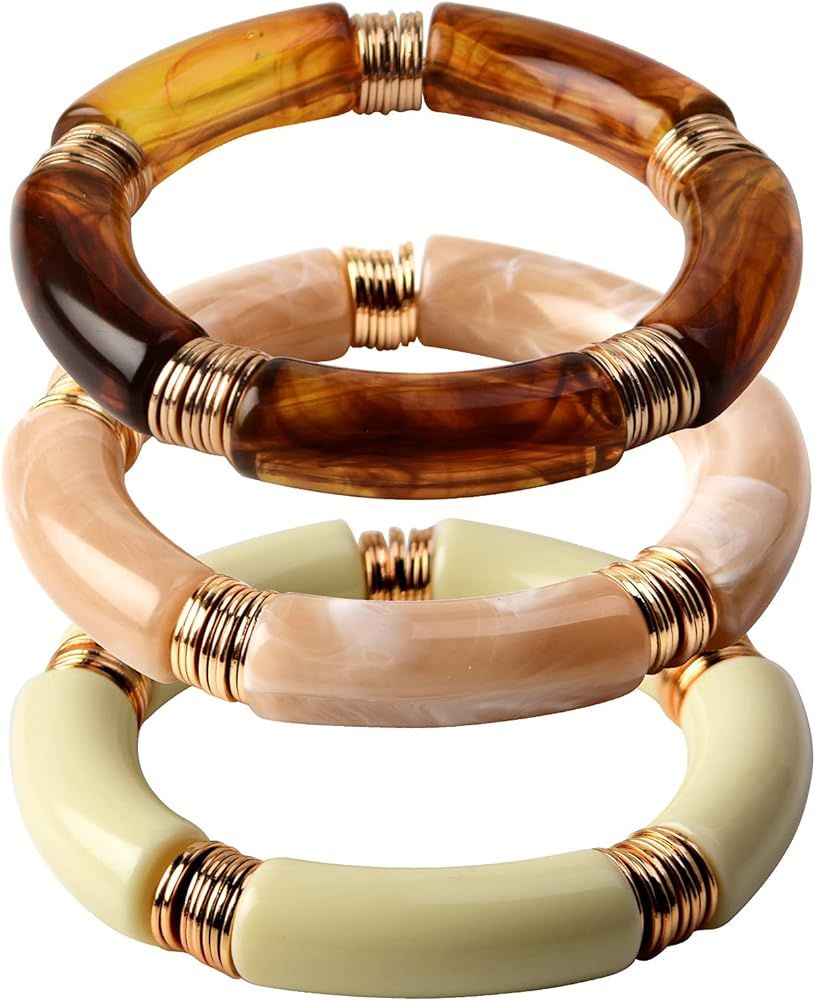 Bamboo Tube Bangles Bracelet Chunky Curved Stacking Clear Acrylic Colorful Beads Stretchable Frie... | Amazon (US)