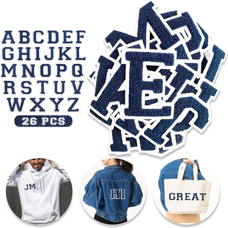 26 pcs Varsity Iron on Letters for Clothing and Accessories (Blue Color) - Large, Chenille Letter... | Amazon (US)