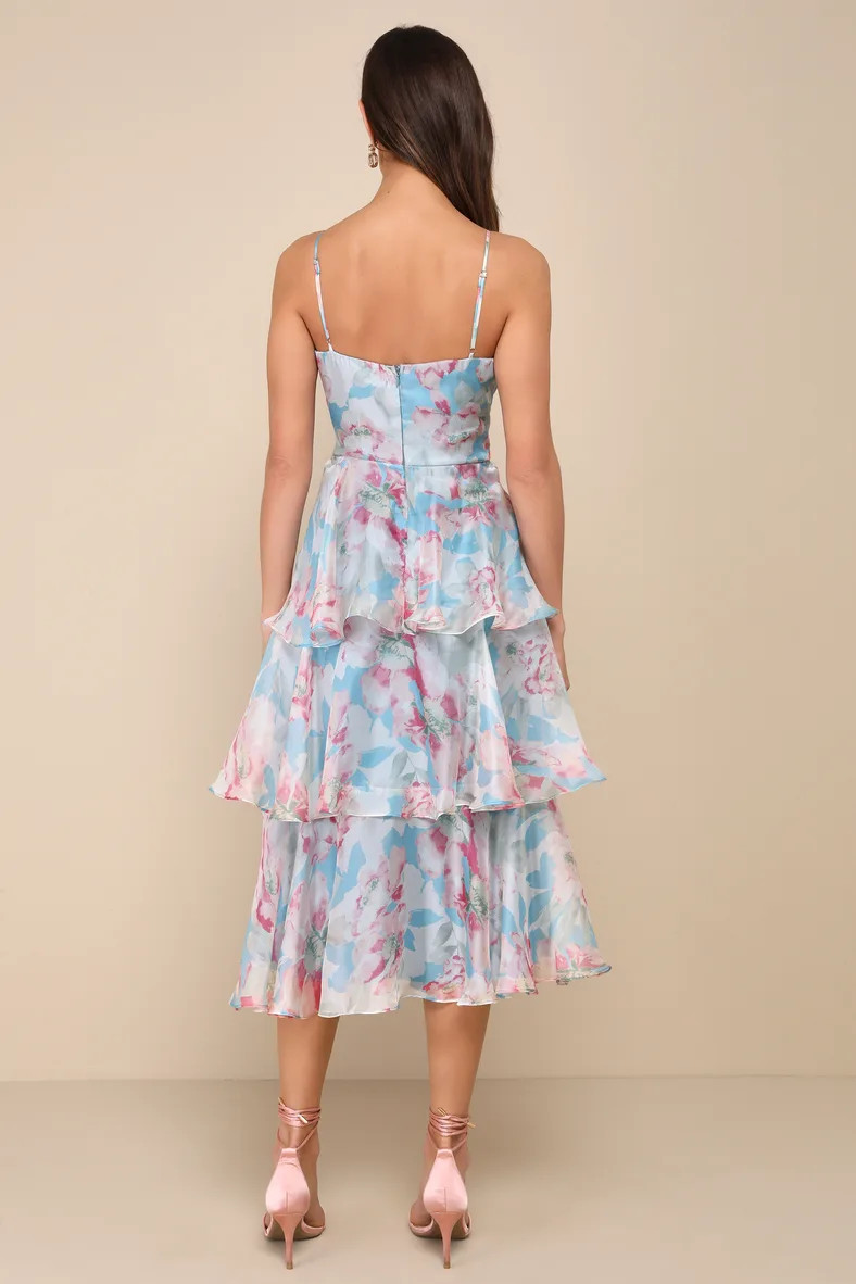Darling Aesthetic Light Blue Floral Print Tiered Midi Dress | Lulus