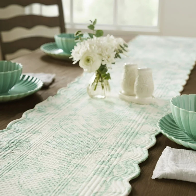 The Pioneer Woman Agatha Quilted Fabric Table Runner, Green & White, 14" x 90" | Walmart (US)