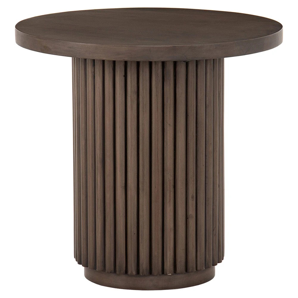 Farvald Mid Century Modern Dark Brown Reclaimed Wood Round End Table | Kathy Kuo Home