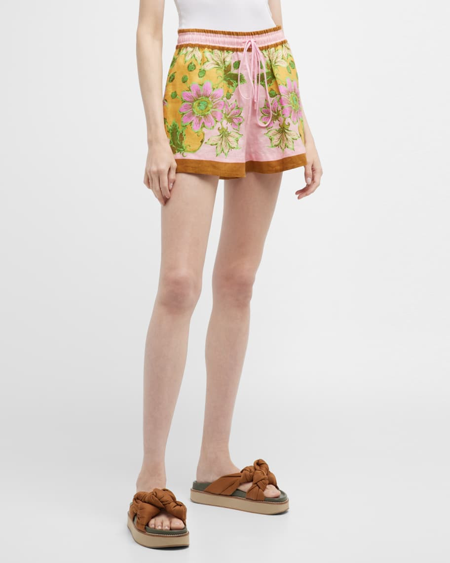 ALEMAIS Winnie Drawstring Floral Linen Shorts | Neiman Marcus