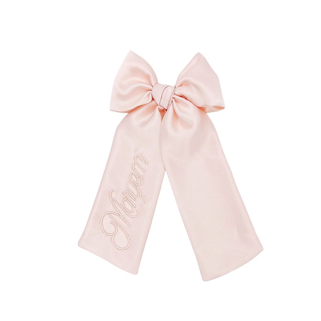 Blush Pink Satin Monogrammed Bow With Name Embroidered School Bow - Etsy | Etsy (US)