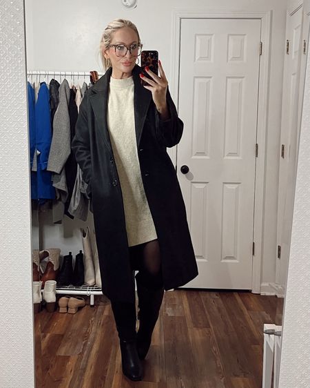 Sweater dress, tights & a long coat for a cold night out to dinner. 
.
.
.
#sweaterdress #sheertex #firmooglasses #midsize #winterootd 

#LTKworkwear #LTKmidsize
