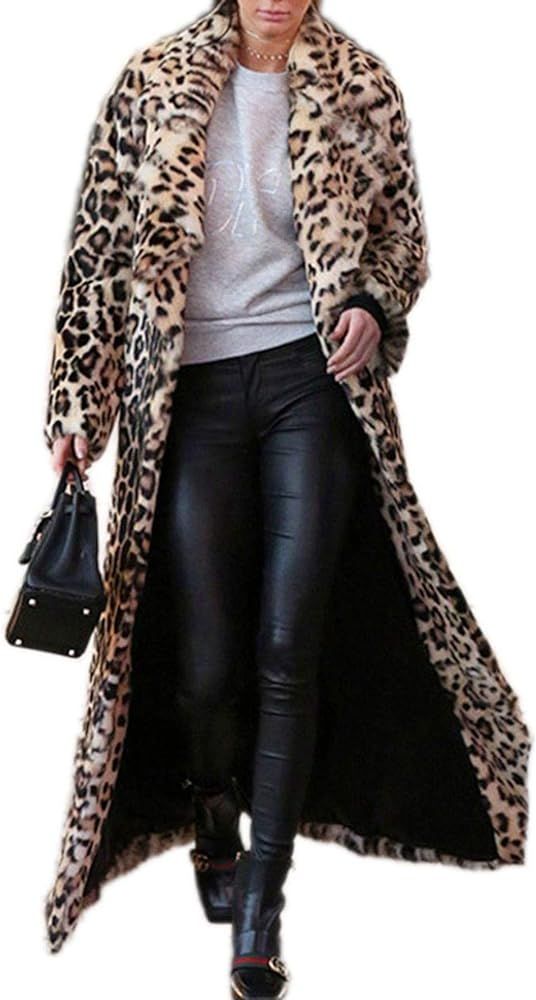 Women's Sexy Elegant Vintage Leopard Print Lapel Faux Fur Long Maxi Coat Jacket | Amazon (US)