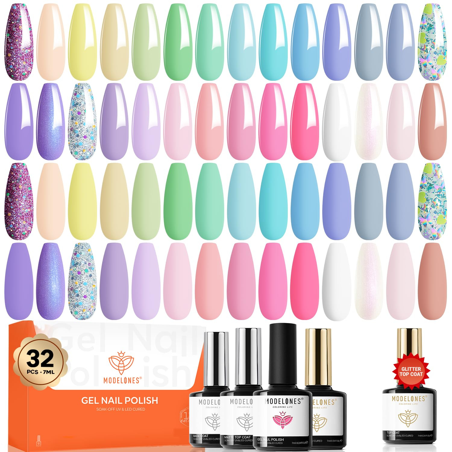 modelones 32 PCS Spring Gel Nail Polish Set, 28 Colors Pastel Gel Polish with No Wipe Base Coat, ... | Amazon (US)
