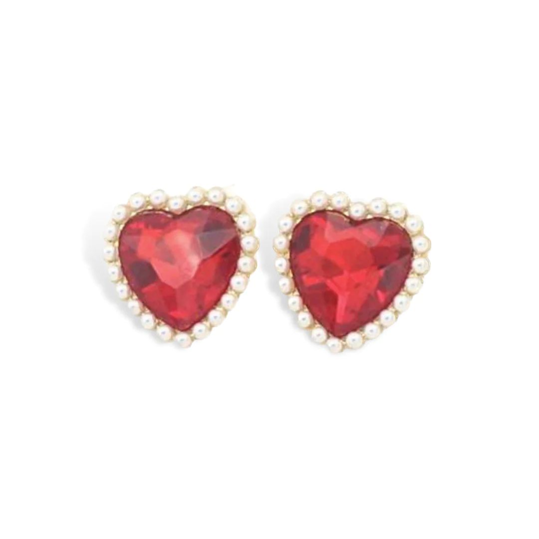 Red Crystal and Pearl Heart Stud Earrings | Teggy French