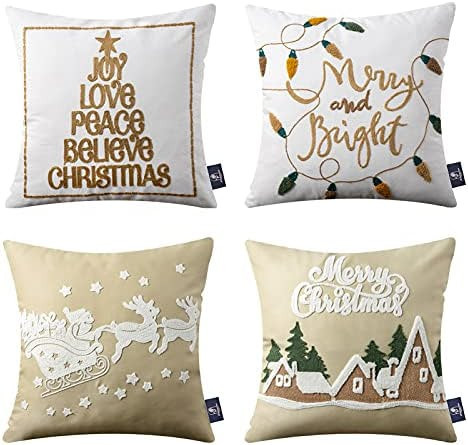 Phantoscope Set of 4 Merry Christmas Decorative Velvet and Cotton Canvas Throw Pillow Covers with... | Amazon (US)