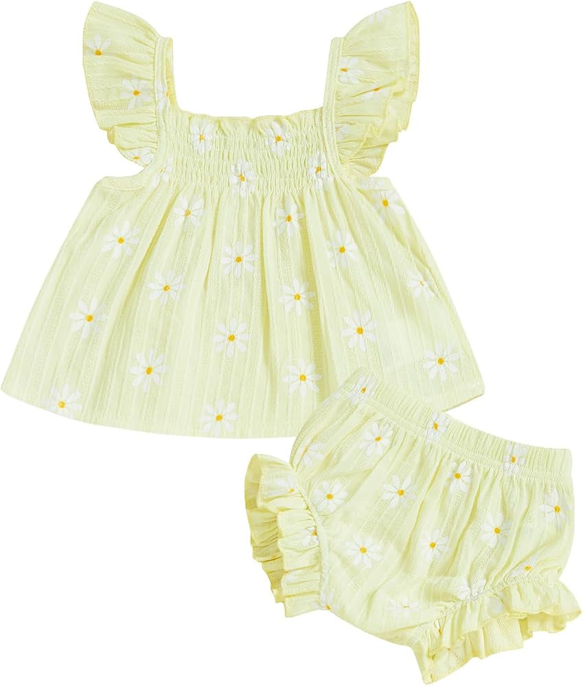 CIYCUIT Infant Baby Girl Summer Smocked Clothes Floral Ruffle Shirt Tops Bloomers Shorts Toddler ... | Amazon (US)