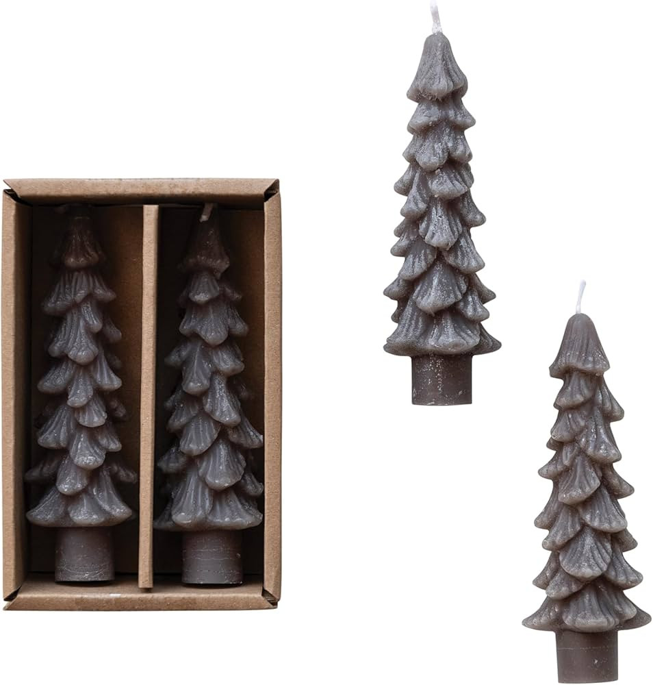 Creative Co-Op Unscented Textured Tree Shaped Taper Candles in Box, Pewter Color, Set of 2 | Amazon (US)
