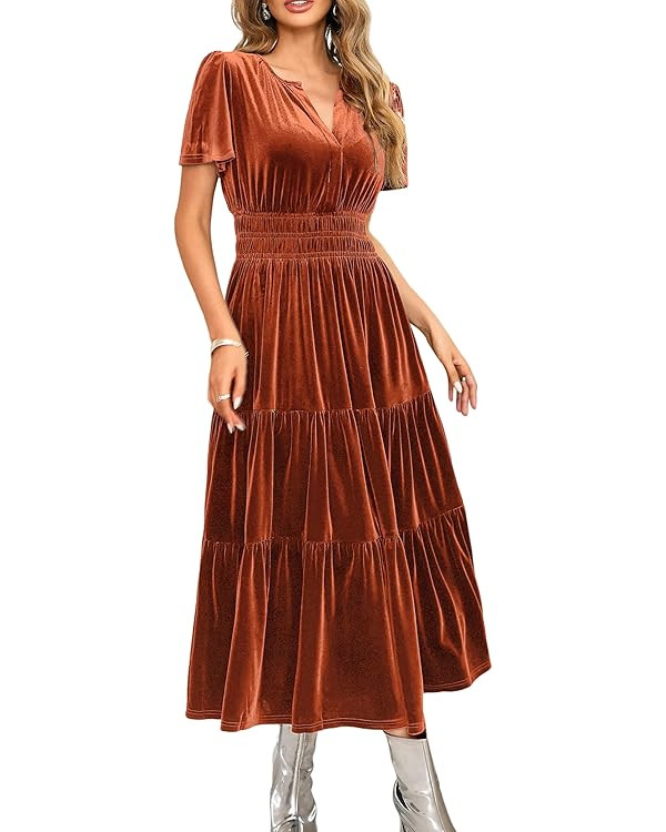 R.Vivimos Women's Fall Winter Vintage Velvet Dress Short Sleeve V Neck Elastic Waist Tiered Ruffl... | Amazon (US)