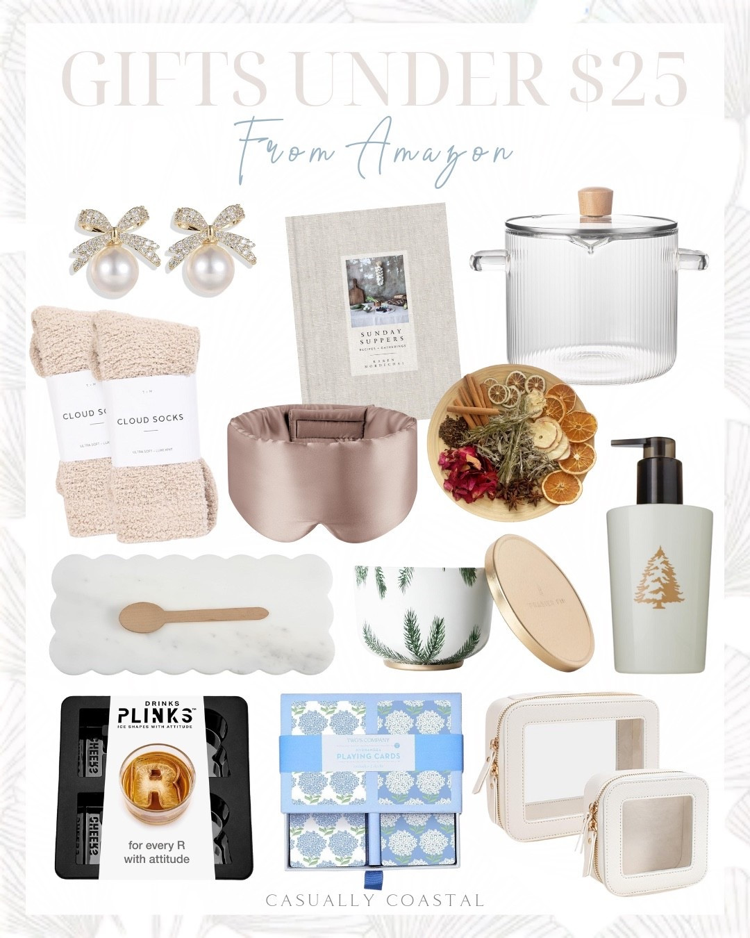 Gifts Under $25 From Amazon

Amazon gift guide, affordable gifts, clear travel makeup bag, cosmetic bag, simmer pot with lid, ribbed pot, simmering potpourri, Sunday Suppers cookbook, recipe book, Thymes hand lotion, white scallops marble board, cutting board, pearl bow earrings, Two’s Company hydrangea double deck playing cards, Thymes scented candle, holiday candle, cozy socks, fuzzy socks, 100% mulberry silk sleep eye mask, drinksplinks letter R ice cube mold 

#LTKGiftGuide #LTKHoliday #LTKFindsUnder50