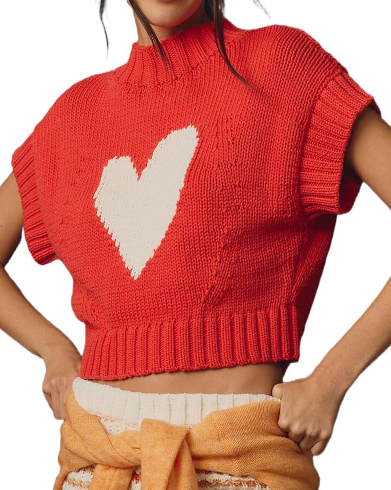 Womens Heart Short Sleeve Sweaters Pullover Shirt Tops Crew Neck Lightweight Ribbed Knit Sweater ... | Amazon (US)