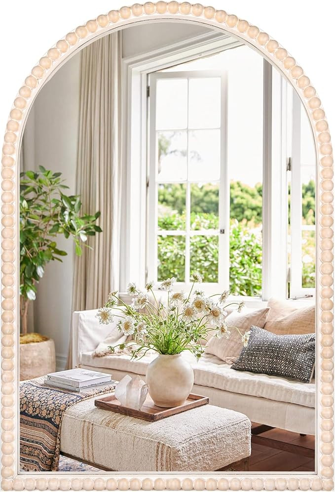 Varsoul 24"x36" Arch Wall Mirror Wooden Framed with White Wooden Beads, Modern Rustic Distressed ... | Amazon (US)