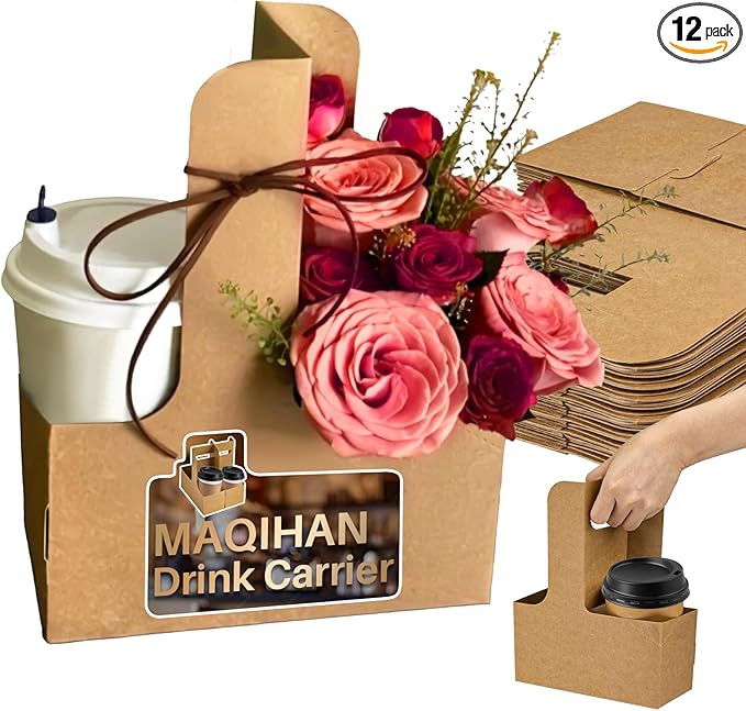 Amazon.com: MAQIHAN 2 Cup Drink Carrier with Handle - 12Pcs Disposable Paper Cardboard Coffee Cup... | Amazon (US)