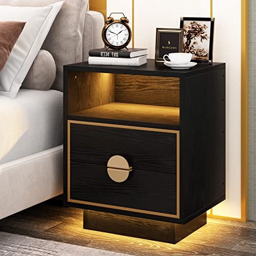 Tribesigns LED Nightstand with Drawers, Black Wood Night Stand with Led Lights and 2 Drawers for ... | Amazon (US)