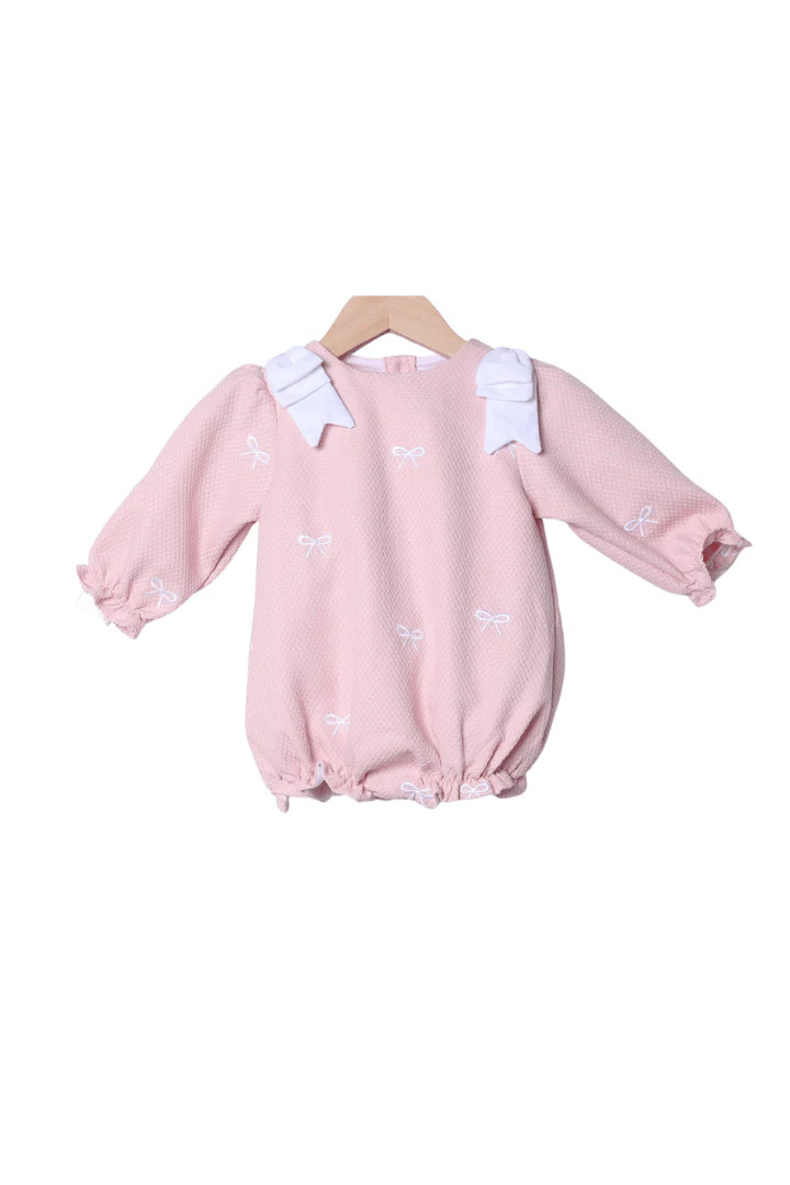Embroidered Bow Pink Honeycomb Long Bubble | The Smocked Flamingo