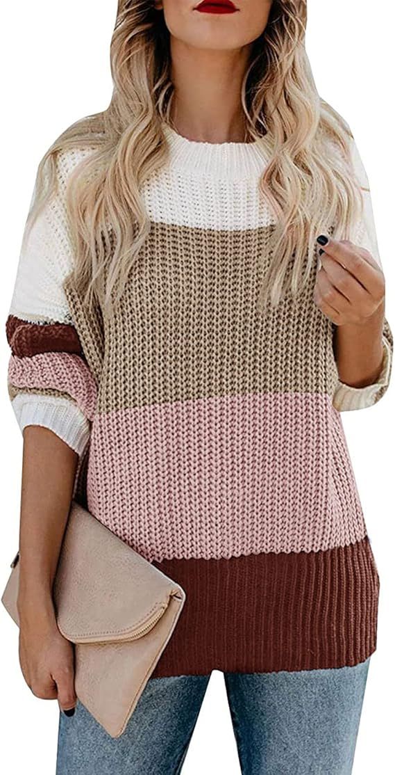 MEROKEETY Women's Crew Neck Long Sleeve Color Block Knit Sweater Casual Pullover Jumper Tops | Amazon (US)