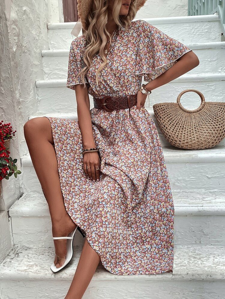 All Over Floral Print Butterfly Sleeve Dress Without Belt | SHEIN