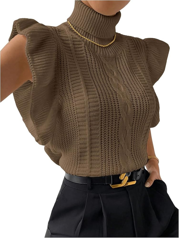 Floerns Women's Ruffle Trim Cable Knit Sweater Vest Turtleneck Sleeveless Tank Tops | Amazon (US)