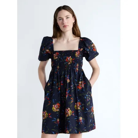 Free Assembly Women's and Women's Plus Smocked Cotton Peasant Mini Dress with Puff Sleeves, Sizes XS-4X | Walmart (US)