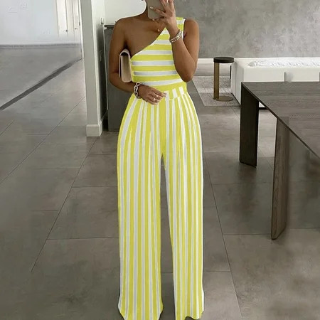 Pants Clearance Womens Trendy Wide Leg Pants Polka Dot Striped Printed One-Shoulder Jumpsuits Yellow | Walmart (US)