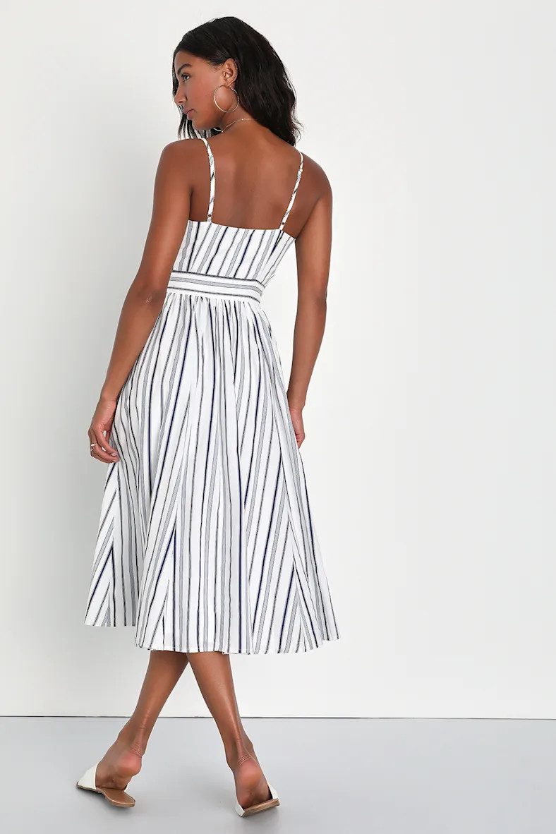 Mykonos Magic White and Navy Blue Midi Dress With Pockets | Lulus (US)