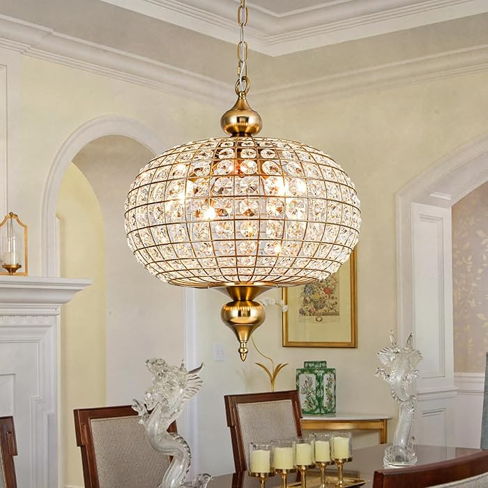 Gold Crystal Chandelier, 16.5" Modern 4-Light Round Crystal Pendant Light Antique Globe Foyer Cha... | Amazon (US)
