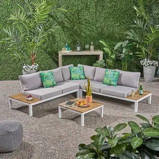 Eldon Outdoor Aluminum V-Shaped Sectional Sofa Set by Christopher Knight Home - Grey Finish/ Ligh... | Bed Bath & Beyond