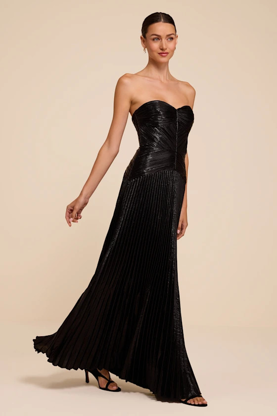 Charlene Black Pleated Strapless Maxi Dress | Lulus