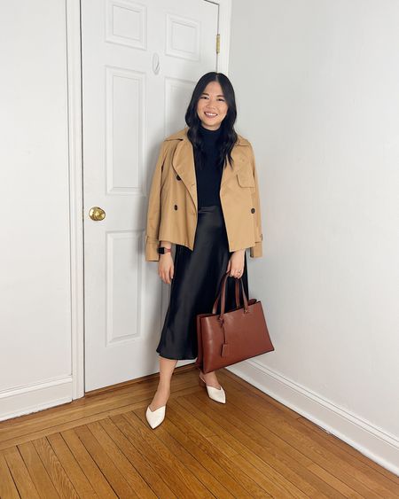 Cropped trench coat (XS)
Black sweater (XS)
Black midi skirt (S)
Brown tote bag
White pumps (1/2 size up)
Smart casual outfit
Business casual outfit
Spring work outfit
Neutral outfit

#LTKworkwear #LTKfindsunder50 #LTKstyletip