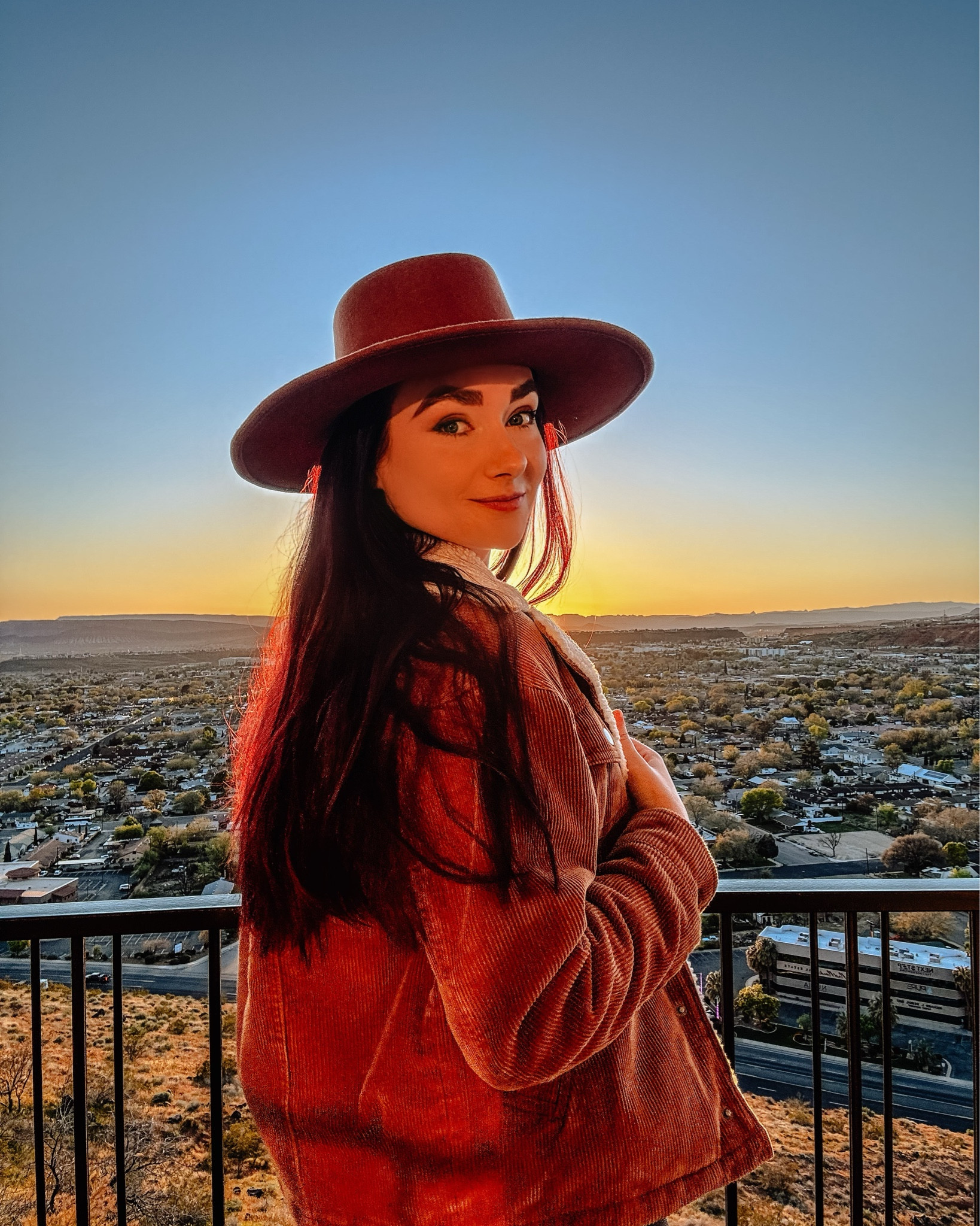 Desert sunrise look. 🧡 Comfy brown moto aviator jacket with white white faux fit collar and a brown flat brimmed hat. Perfect morning look for those western desert sunrise photos. 

#LTKFestival #LTKTravel #LTKSeasonal