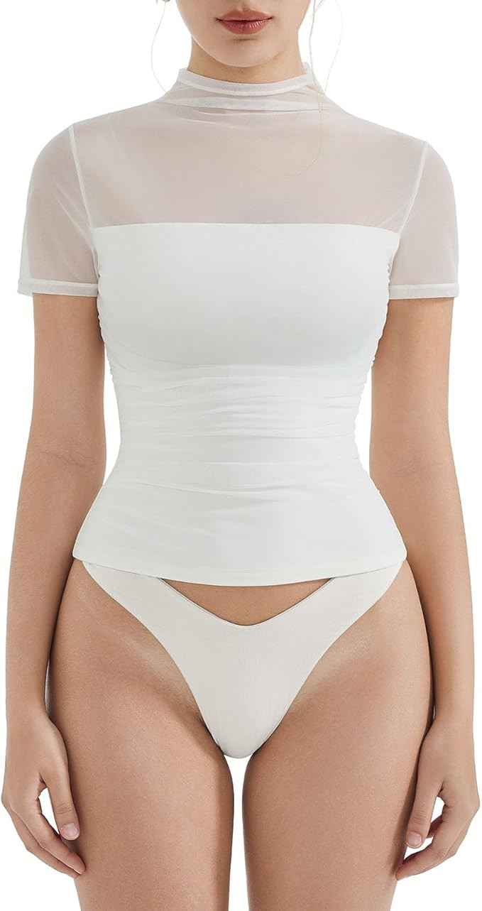 SUUKSESS Women Sexy Mesh Sheer Short Sleeve Tops Mock Neck Ruched Going Out Shirts | Amazon (US)