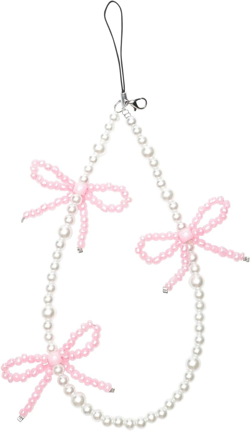 Phone Charm Cute Pearl Beaded Pink Bowknot Chain Aesthetic Universal Cell Phone Lanyard Wrist Str... | Amazon (US)