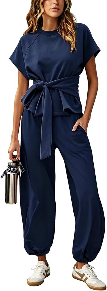 Women's 2 Pieces Outfit Set Casual Lounge Sets Short Sleeves Tee and Sweatpant Matching Set with ... | Amazon (US)