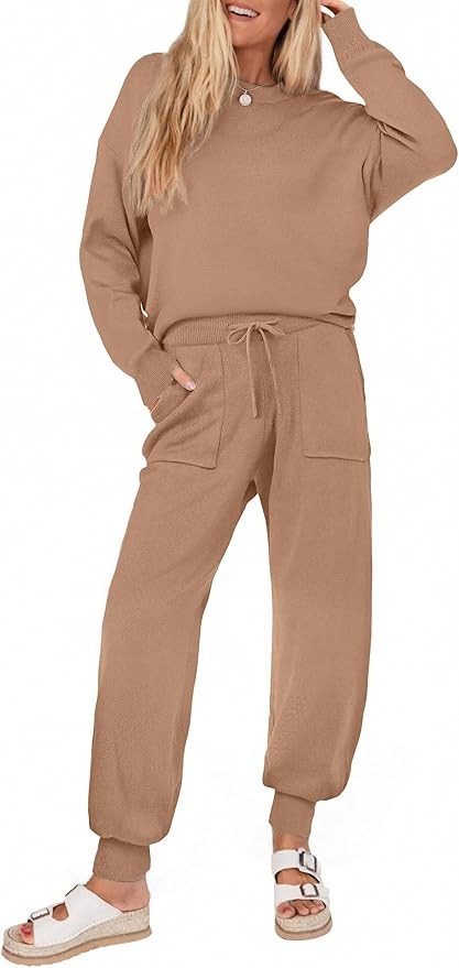 Ekouaer Women's 2 Piece Lounge Set Long Sleeve Knit Pajamas Sweatsuit Jogger Pant Outfits With Po... | Amazon (US)