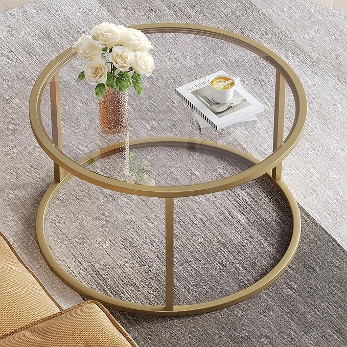 SAYGOER Small Glass Coffee Table Round Gold Coffee Table for Small Space Modern Simple Center Tab... | Amazon (US)