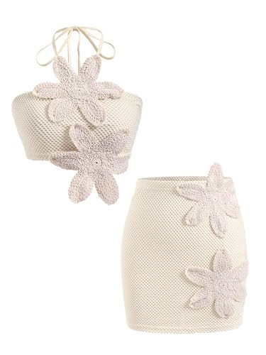 winkbay Women's 2 Piece Crochet Outfits 3D Floral Backless Halter Crop Top and Mini Knit Skirt Beach Vacation Set Apricot Medium | Amazon (US)