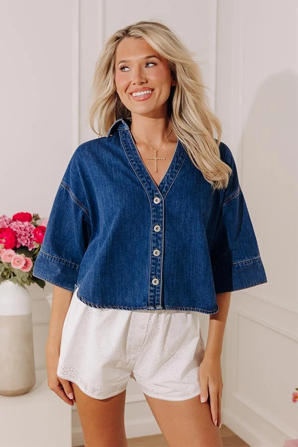 Cosmos at the Beach House Denim Top | Impressions Online Boutique