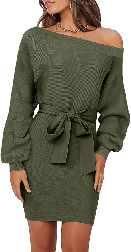 Viottiset Women's Off Shoulder Batwing Sleeve Bodycon Mini Knit Sweater Dress | Amazon (US)