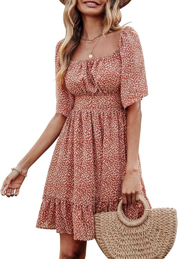 FENSACE Womens Short Sleeve Tie Back Dress Ruffled Off Shoulder A-Line Summer Mini Dress | Amazon (US)