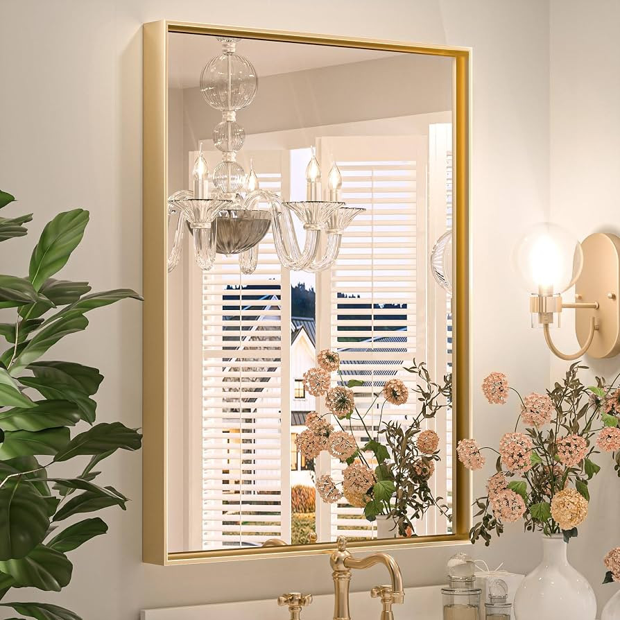 Keonjinn Gold Bathroom Mirror for Vanity 22” x 30” Champagne Gold Rectangular Wall Mirror Bru... | Amazon (US)